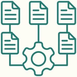 A gear icon with three branches that have documents leading to other documents representing building systems.