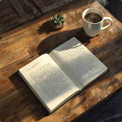 Open notebook and mug on a wooden table representing a calm morning handover after Cradira overnight postpartum support.