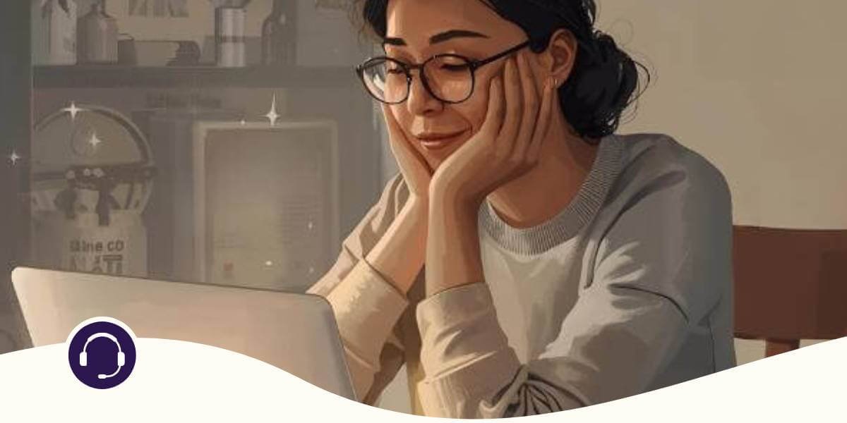 Parent using a laptop at home for virtual postpartum coaching, including newborn care, feeding logistics, sleep foundations, and household planning. 