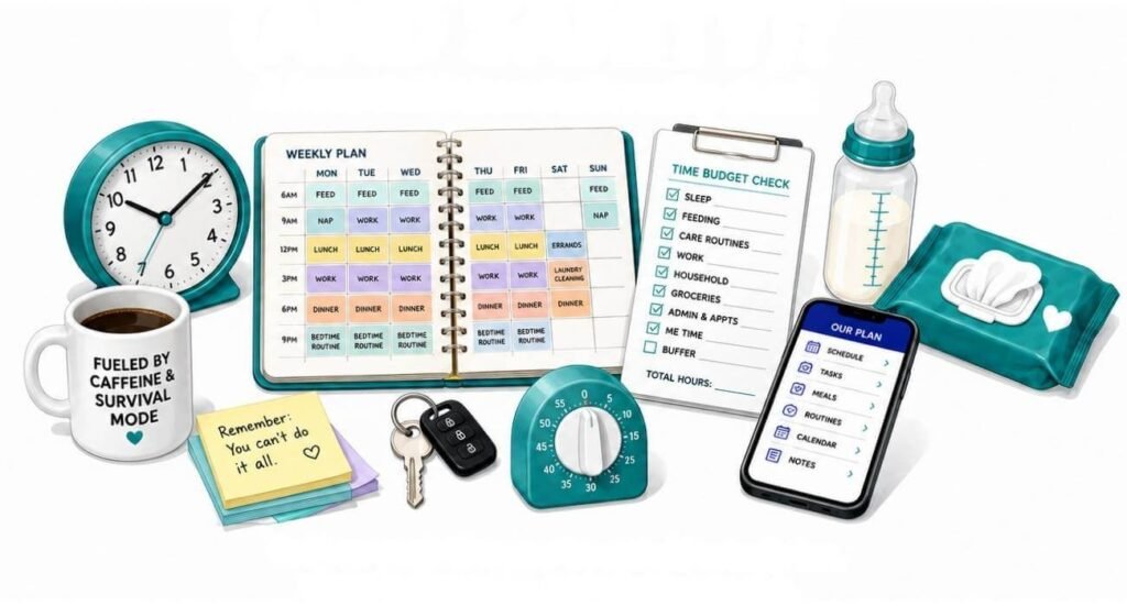 Illustration for Cradira’s baby time quiz showing a weekly planner, clock, checklist, bottle, wipes, and household planning tools for new parents.