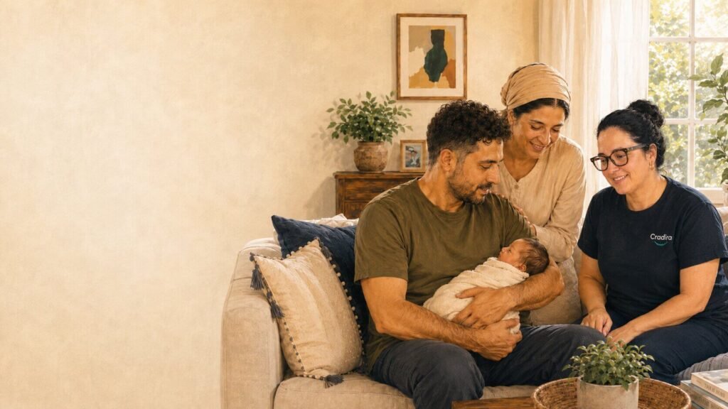 Cradira daytime postpartum support worker sitting with parents and their newborn in a warm, sunlit living room.