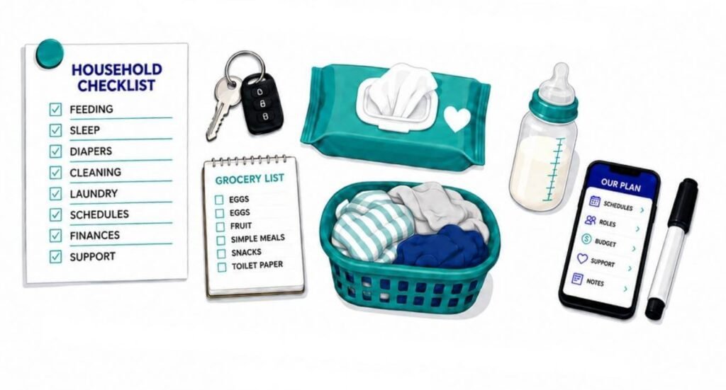 Illustration for Cradira’s household systems quiz showing a checklist, grocery list, laundry basket, baby bottle, wipes, phone, and household planning tools.