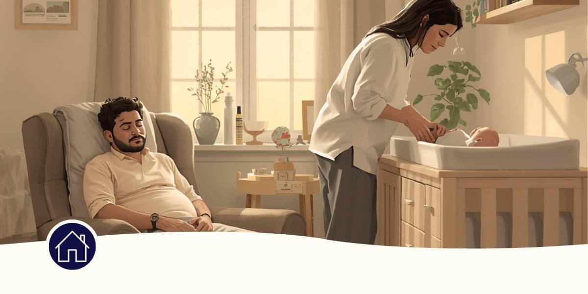 In-home postpartum support person caring for a newborn while a parent rests nearby, representing Cradira's daytime and overnight support in the GTA and Hamilton. 