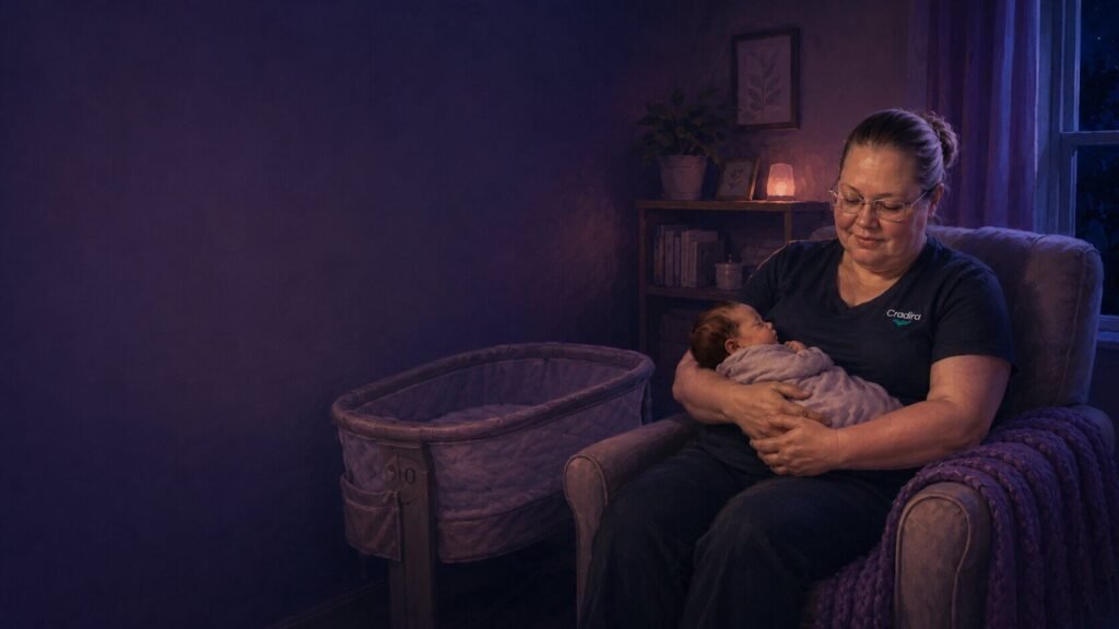 Cradira overnight postpartum support provider holding a newborn beside a bassinet in a calm, dimly lit room.