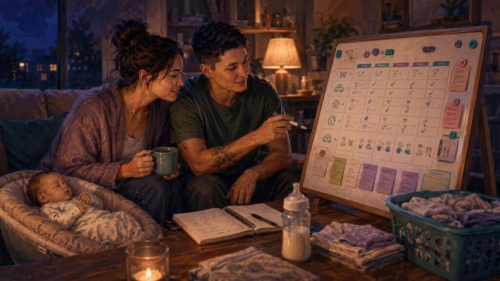 Postpartum parents plan household systems with a newborn nearby, using a task board to organize baby care, chores, meals, errands, and family support.