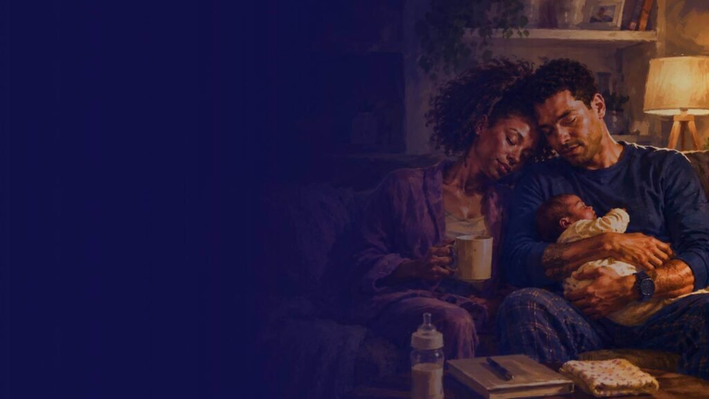 Two tired new parents sitting with their newborn in a warm living room at night, with baby care and household planning items nearby for postpartum support.