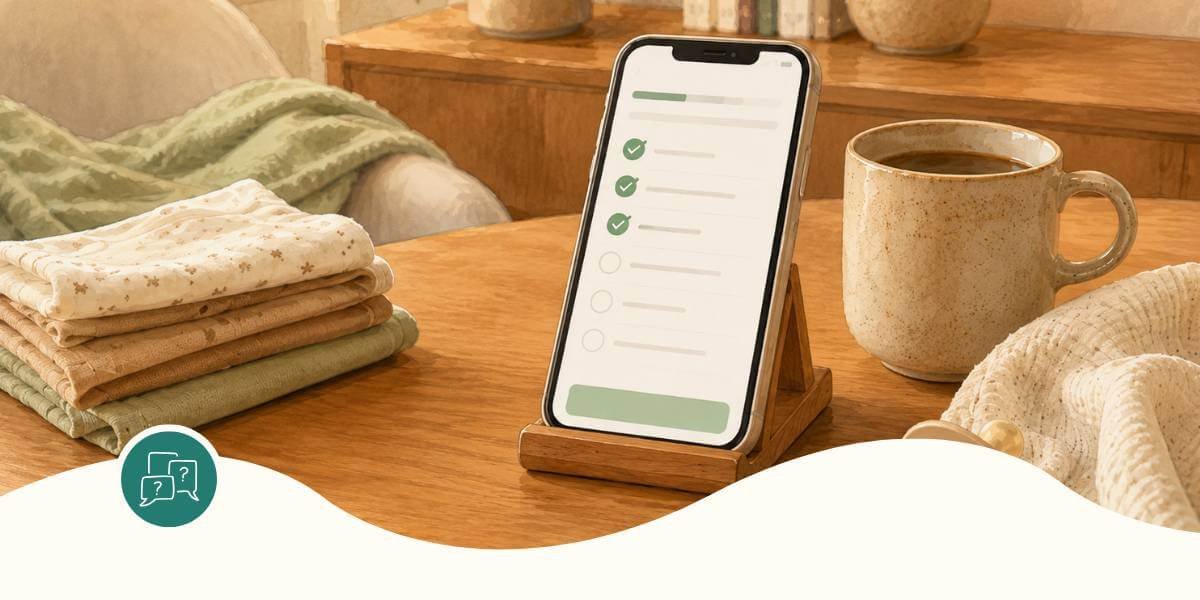 Cradira app checklist on a phone beside baby clothes, a mug, and postpartum supplies at home.