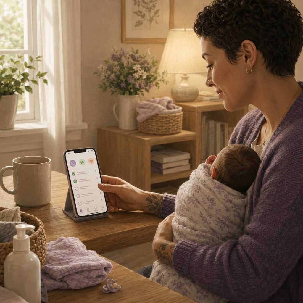 Cradira app checklist on a phone beside baby clothes, a mug, and postpartum supplies at home.