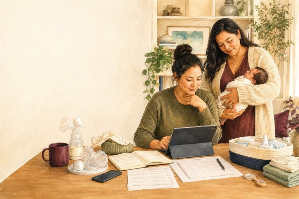 Two mothers caring for a newborn while using a tablet, planner, and baby supplies at home, illustrating practical digital postpartum support.