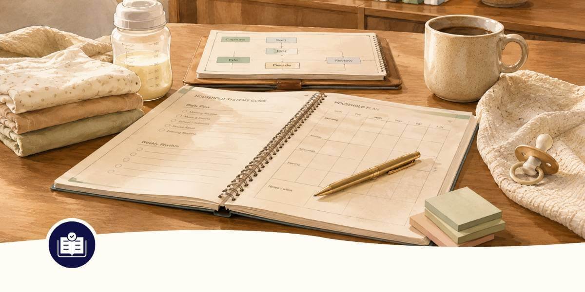 Cradira Household Systems Guide workbook with postpartum planning pages, baby supplies, notes, and a mug on a home table.