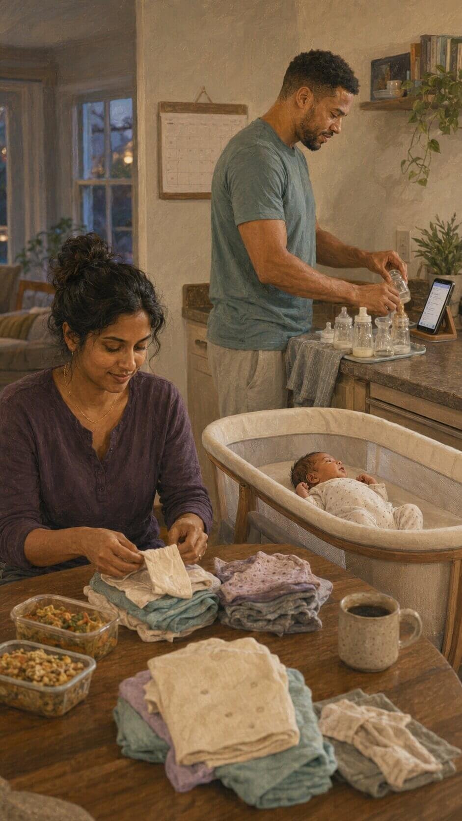 One parent checks a shared household list while preparing bottles as another folds baby laundry beside their newborn.
