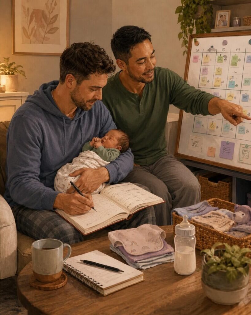 Parents using the Cradira Household Systems Guide to plan postpartum roles, routines, baby supplies, and handovers.