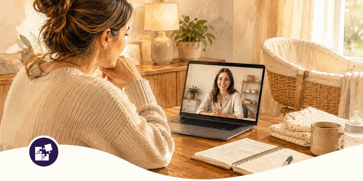 Cradira virtual postpartum support call with a parent, laptop, notebook, baby supplies, and bassinet at home.