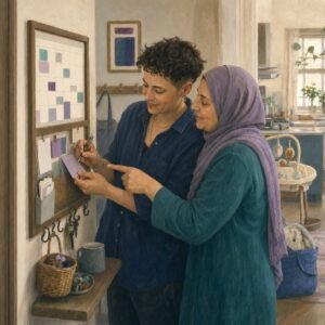A parent and an older family member update a shared household command centre together.