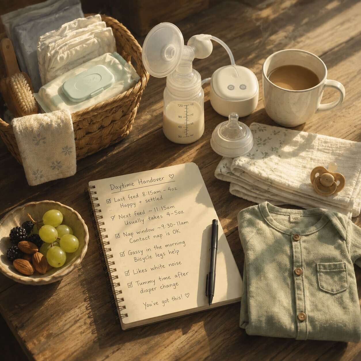 Organized daytime postpartum support setup on a kitchen table with a pump, a baby bottle, folded cloths, a baby outfit, snacks, coffee, and handwritten handover notes.