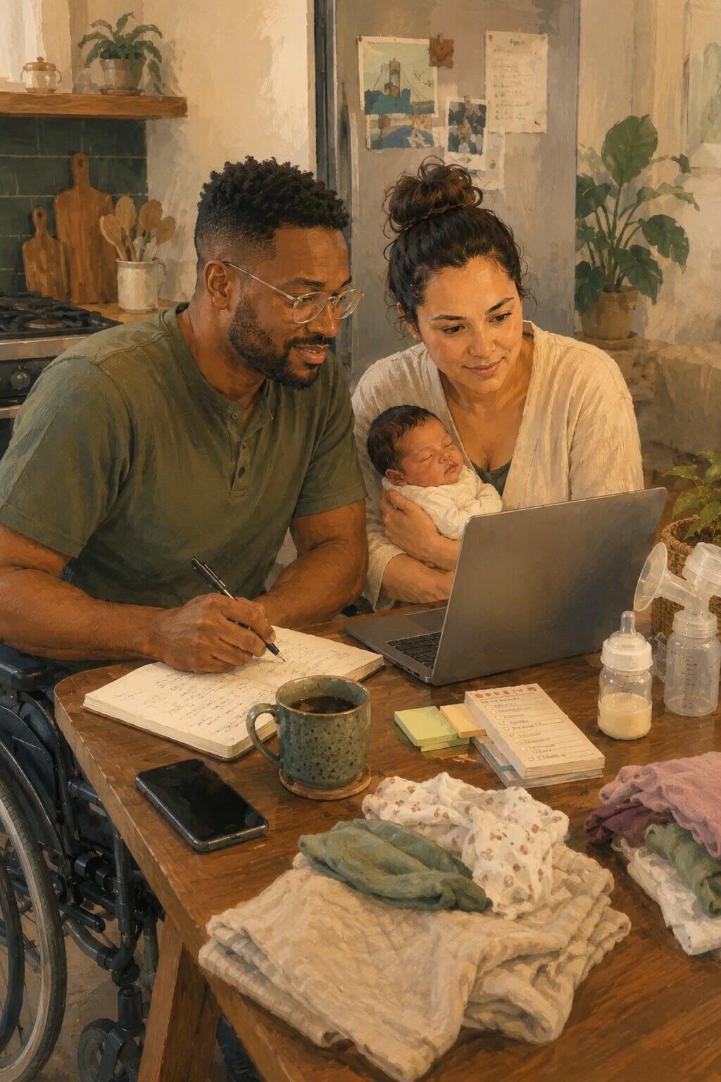 Parents with a newborn reviewing a postpartum support plan during a virtual call, with one parent using a wheelchair.