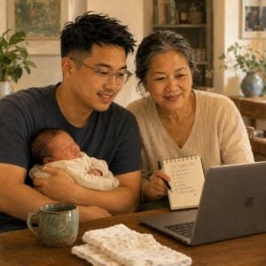 New parent and grandparent joining a virtual postpartum support call with a newborn.