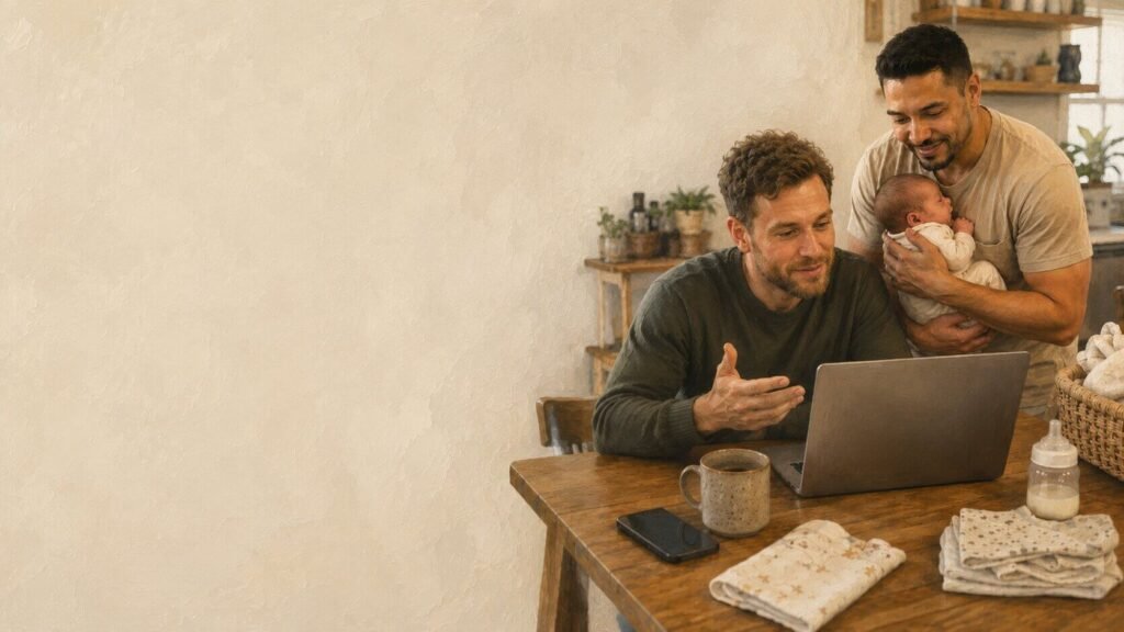 Two dads with their newborn looking at a laptop at a kitchen table, with a notebook and baby supplies nearby.