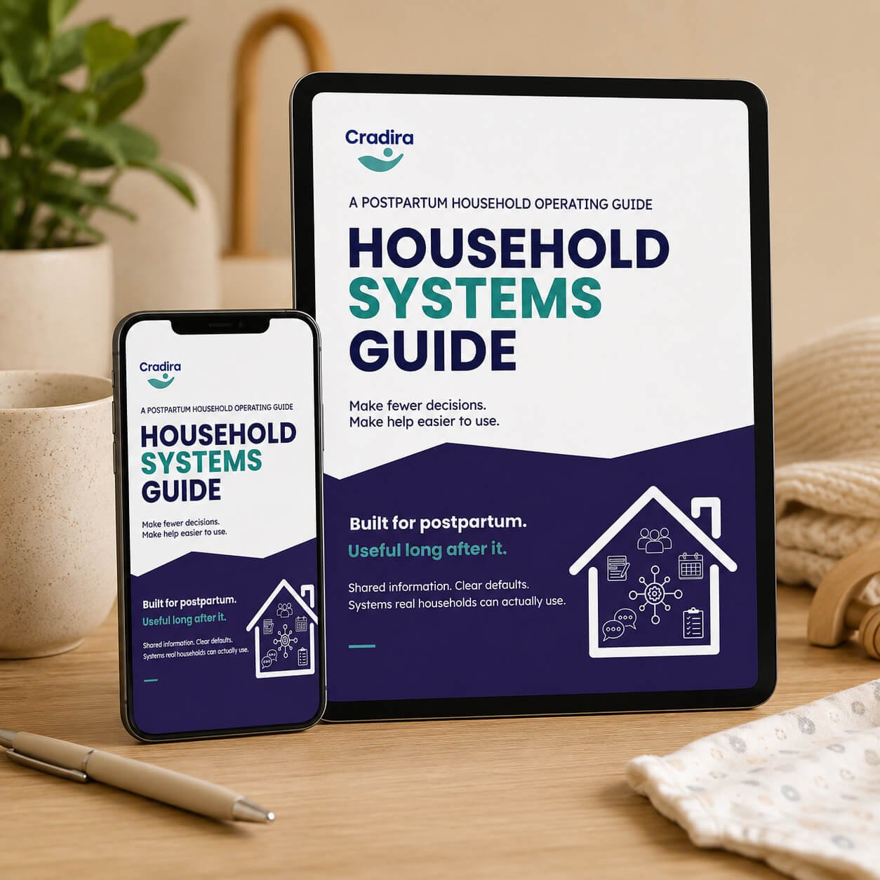 Digital mockup of the Cradira Household Systems Guide displayed on a tablet and smartphone on a wooden table with soft home and baby items nearby.