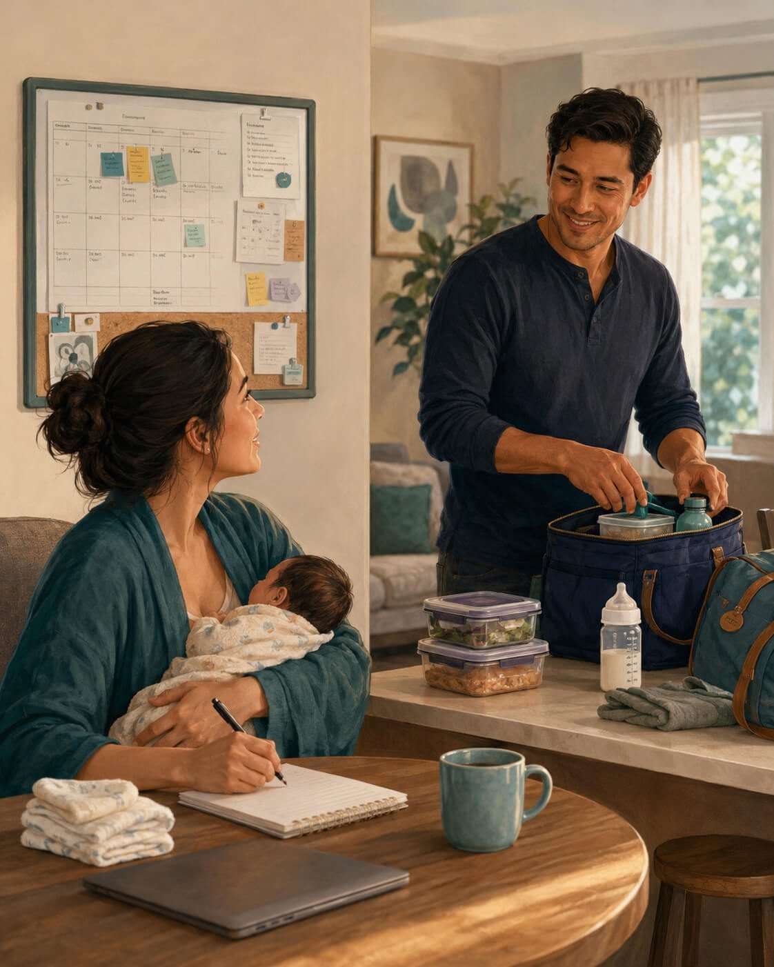 Two parents in a warm home setting coordinate baby care and household tasks, with one parent holding the baby and taking notes while the other packs food beside a family command centre.