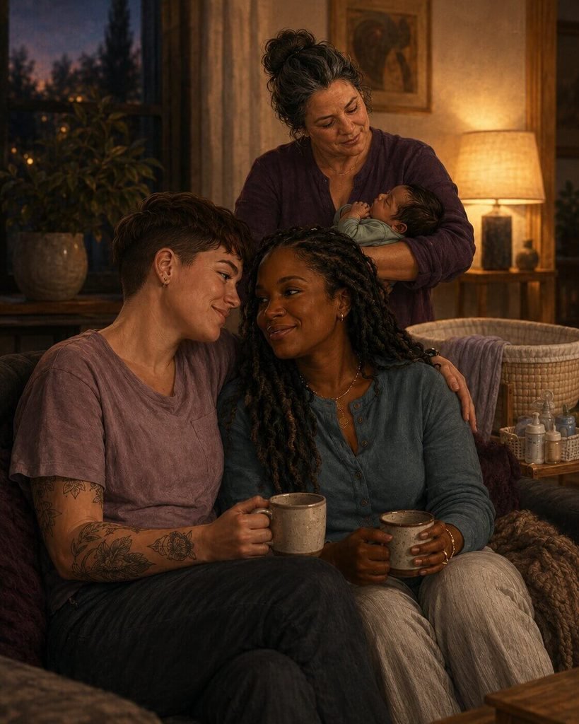 Two new parents rest together while a postpartum support provider holds their baby nearby.