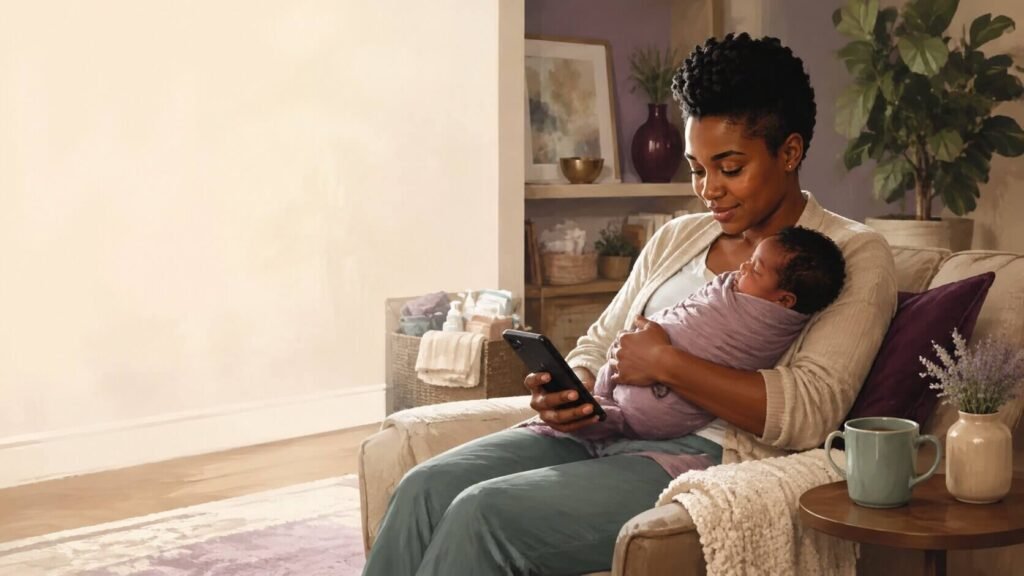 New parent using the Cradira postpartum support app while holding their baby at home.