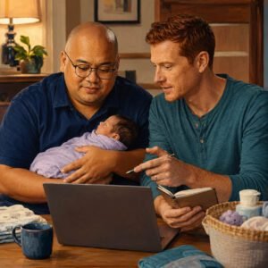 Two dads with their newborn looking at a laptop together at a table to book a free intro call..