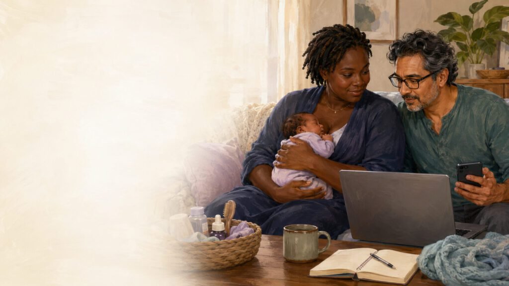 Parents with their newborn looking at a laptop and phone together at home.