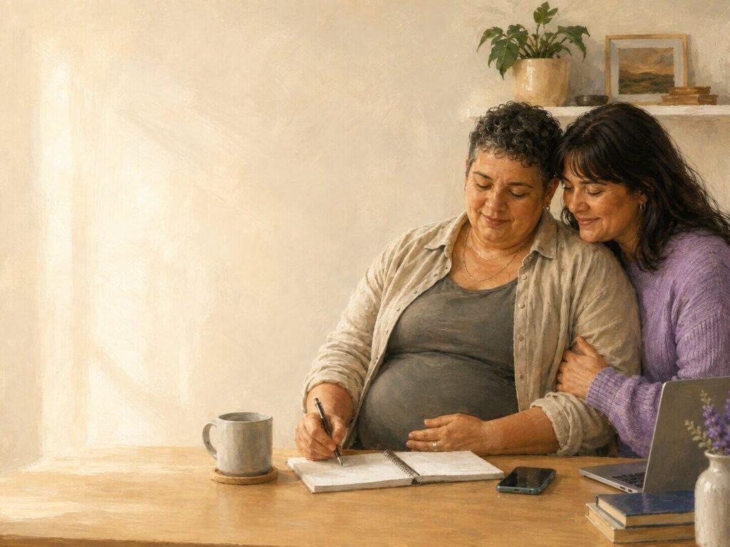 Older queer expecting couple making plans together before their baby arrives.