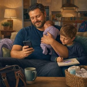 A father holding a newborn and looking at his phone while an older child draws beside him.