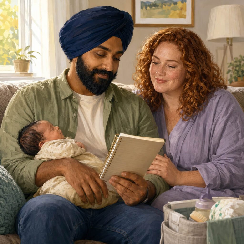 Sikh father gently holding his newborn while supporting his recovering postpartum partner.