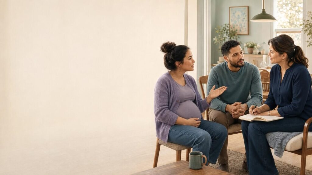 Expecting parents planning for postpartum with an experienced support practitioner at home.