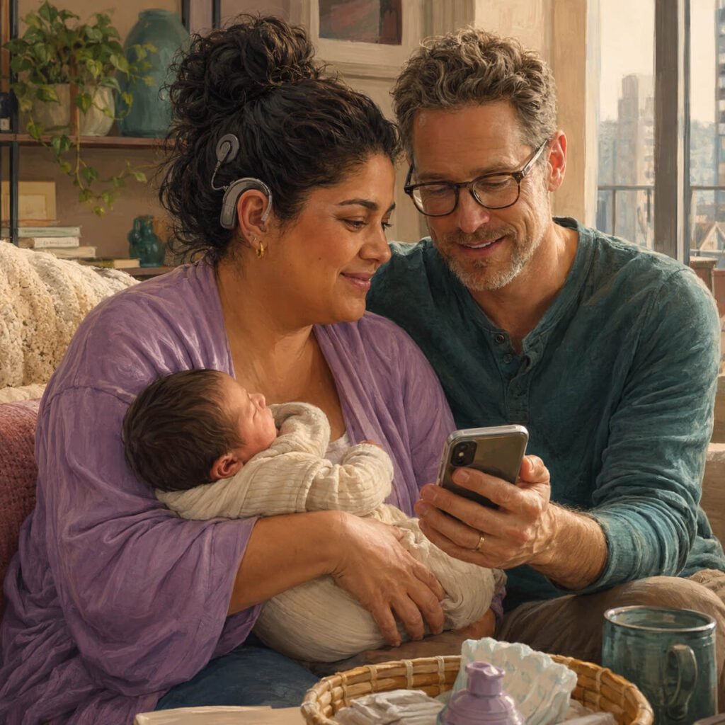 Birthing parent with cochlear implants relaxing at home with their baby and partner.