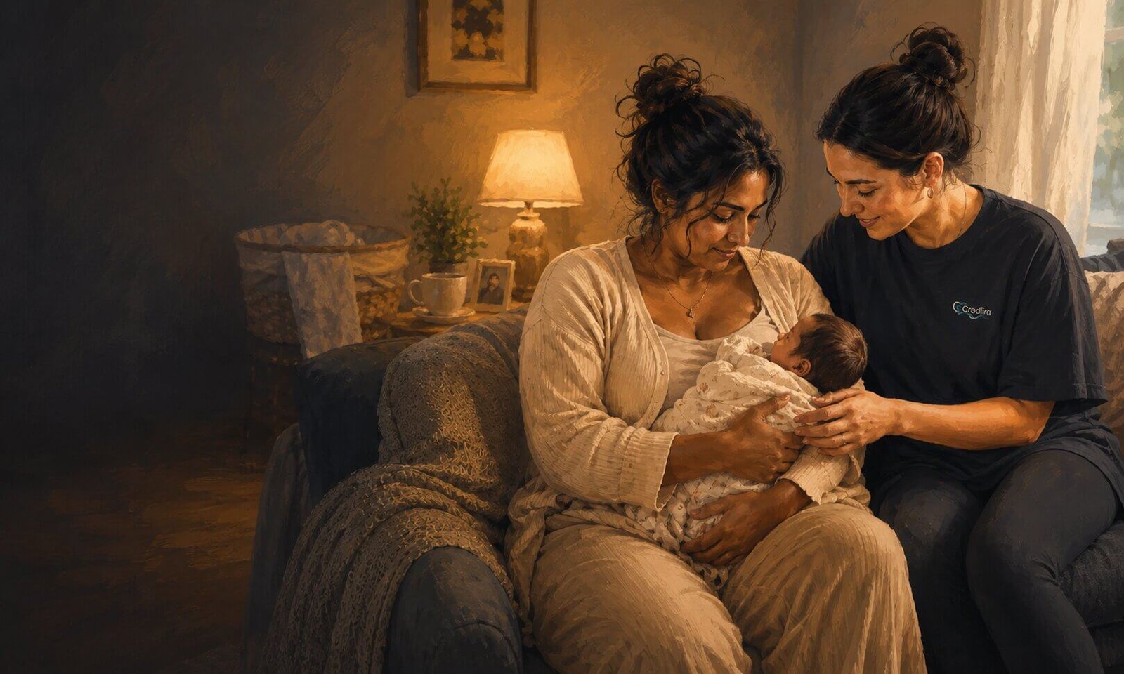 Postpartum support worker helping a parent and newborn at home, representing Cradira in-home support across the GTA and Hamilton.
