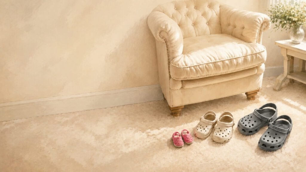 Three pairs of shoes in baby, child and adult sizes arranged together in a warm family home.