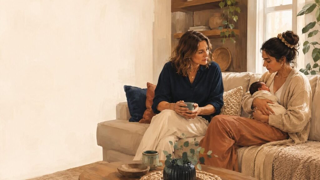 Postpartum support practitioner sitting beside a new parent holding their newborn at home.