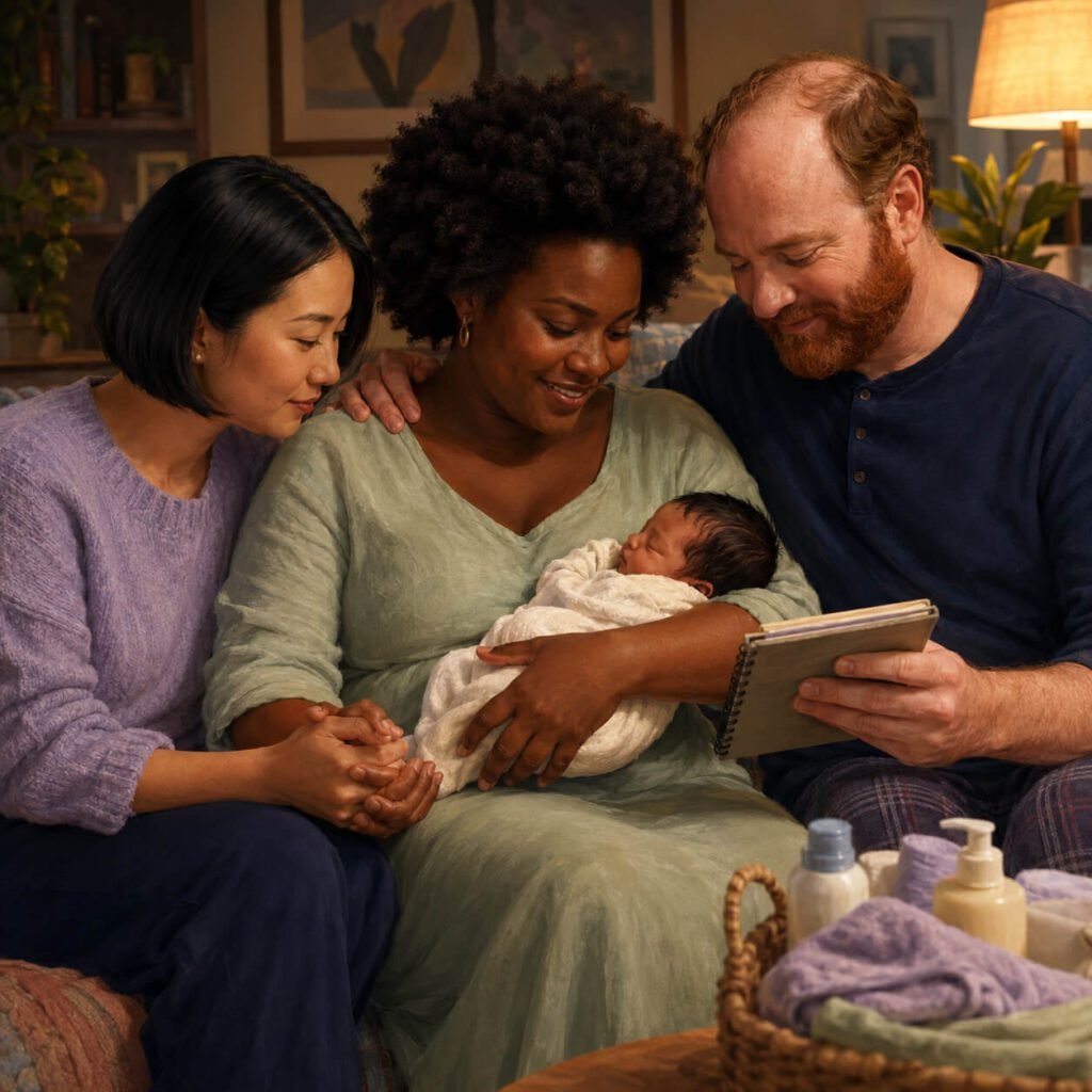 Three parents sharing a warm, supportive moment with their new baby at home.