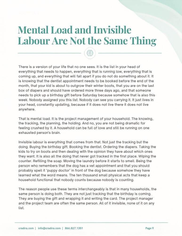 Sample page from the Cradira Household Systems Guide explaining the difference between mental load and invisible labour.