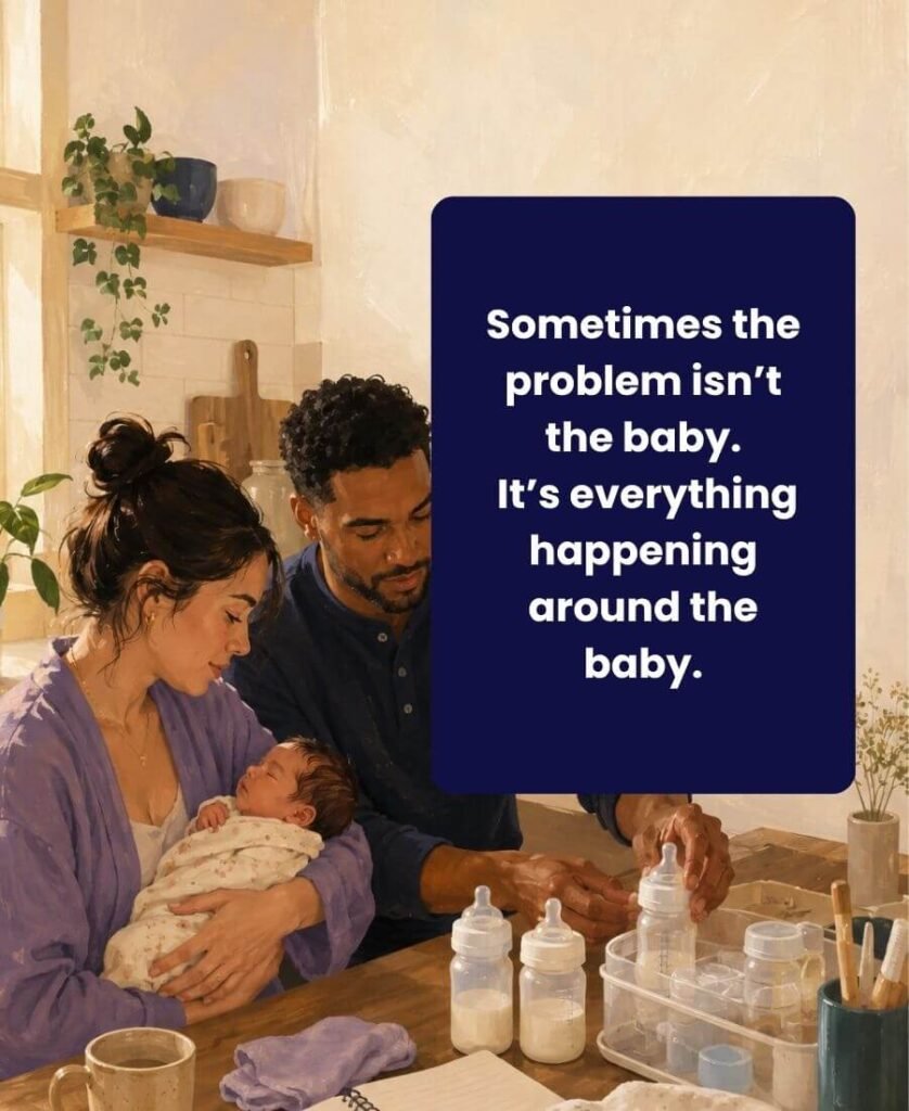 New parents organizing bottles and feeding supplies together while caring for their newborn. Text reads: “Sometimes the problem isn’t the baby. It’s everything happening around the baby.”