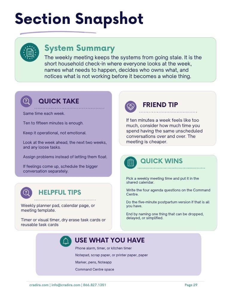 Sample section snapshot from the Cradira Household Systems Guide with a weekly household meeting summary, practical tips and quick wins.