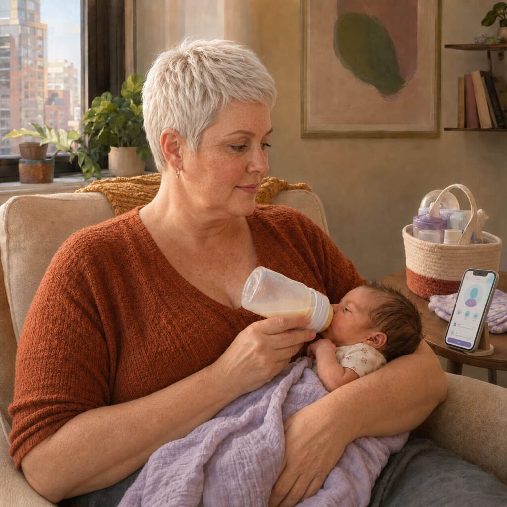 Older parent looking at a postpartum support app on her phone while feeding her baby.
