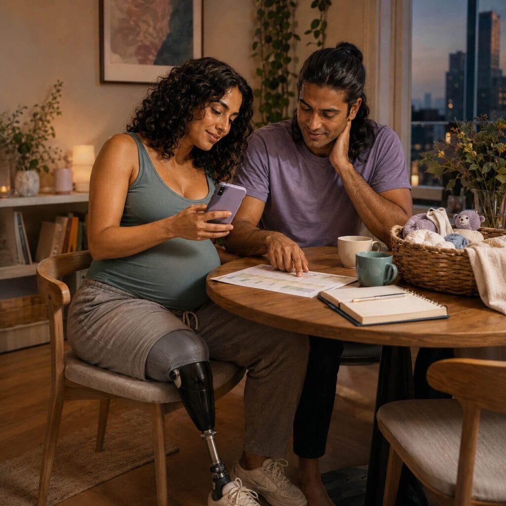 Pregnant parent with a prosthetic leg using the postpartum support app as a  digital planning tool at home with their partner.