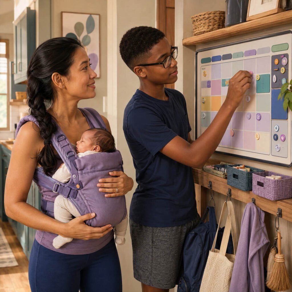 Parent using a digital support tool while caring for a baby, with their teenager nearby.