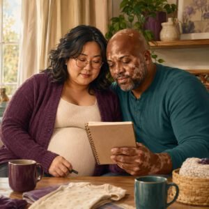 Older expectant couple sitting together at home as they prepare for their baby.