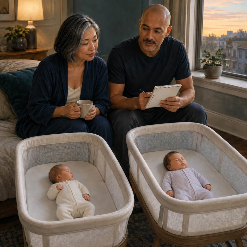 Parents with newborn twins in bassinets reviewing overnight handover notes after newborn care support.
