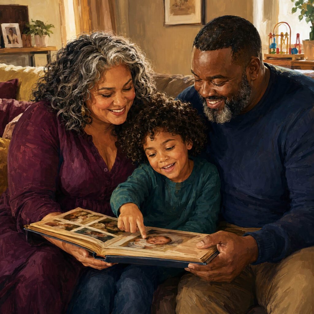 Parents and their school-aged child look through family baby photos together.