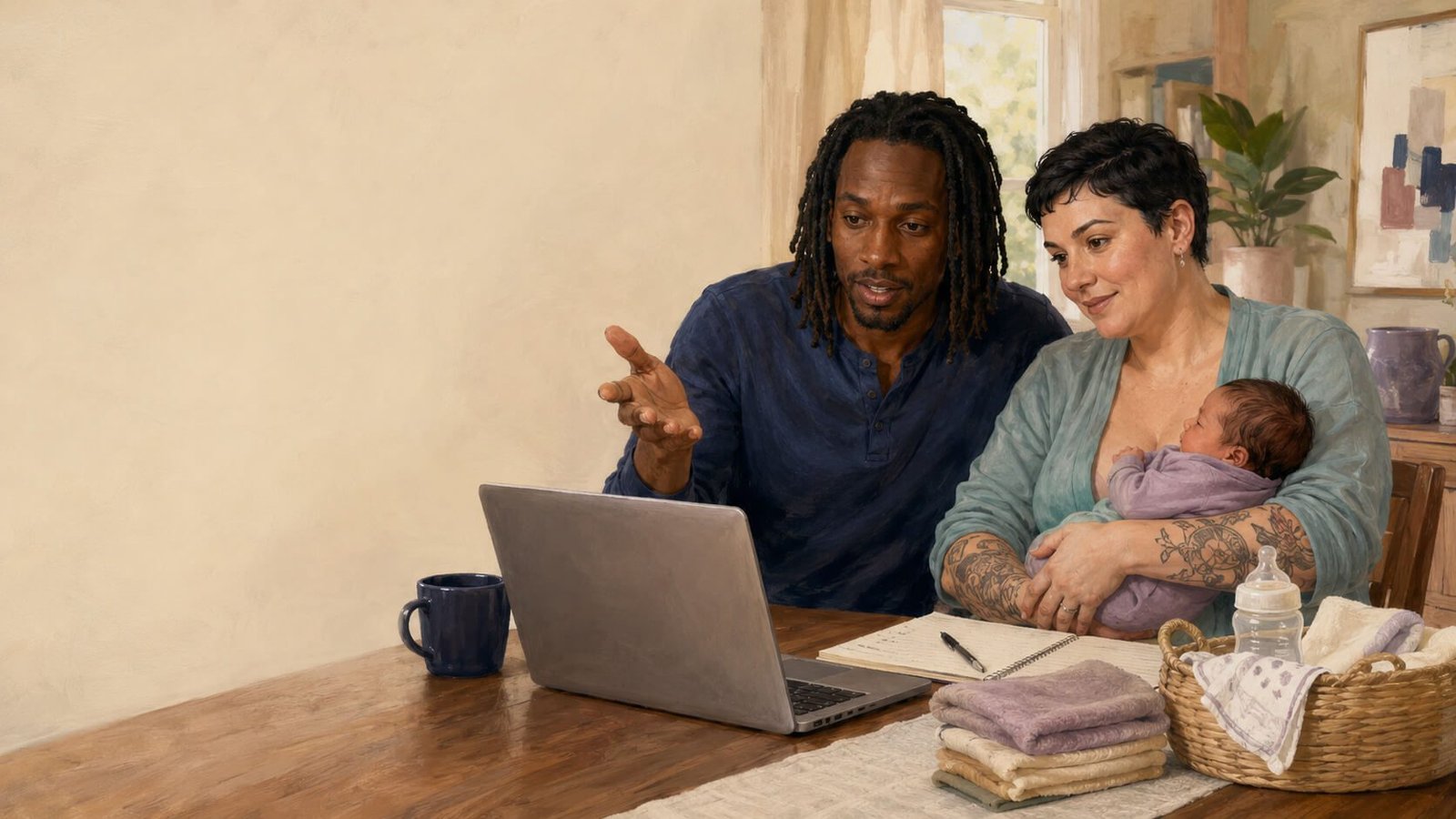Parents speaking with a postpartum support professional by video call while holding their baby.