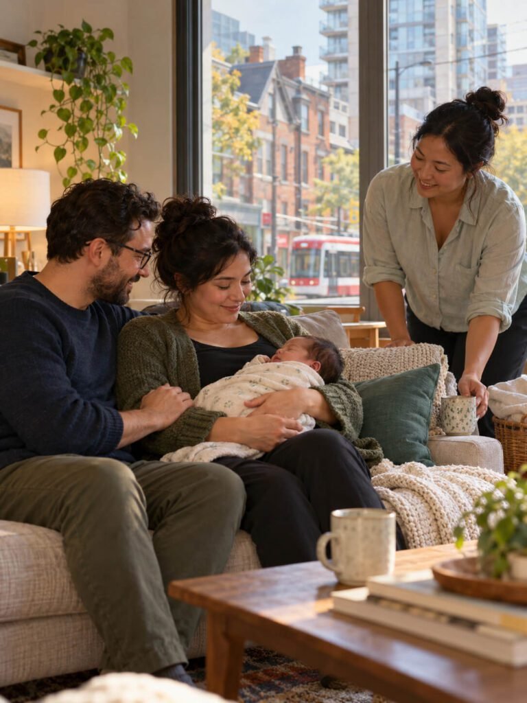 Postpartum support worker helping new parents at home in Toronto, with a newborn, warm living room, city housing and a TTC streetcar visible through the window.