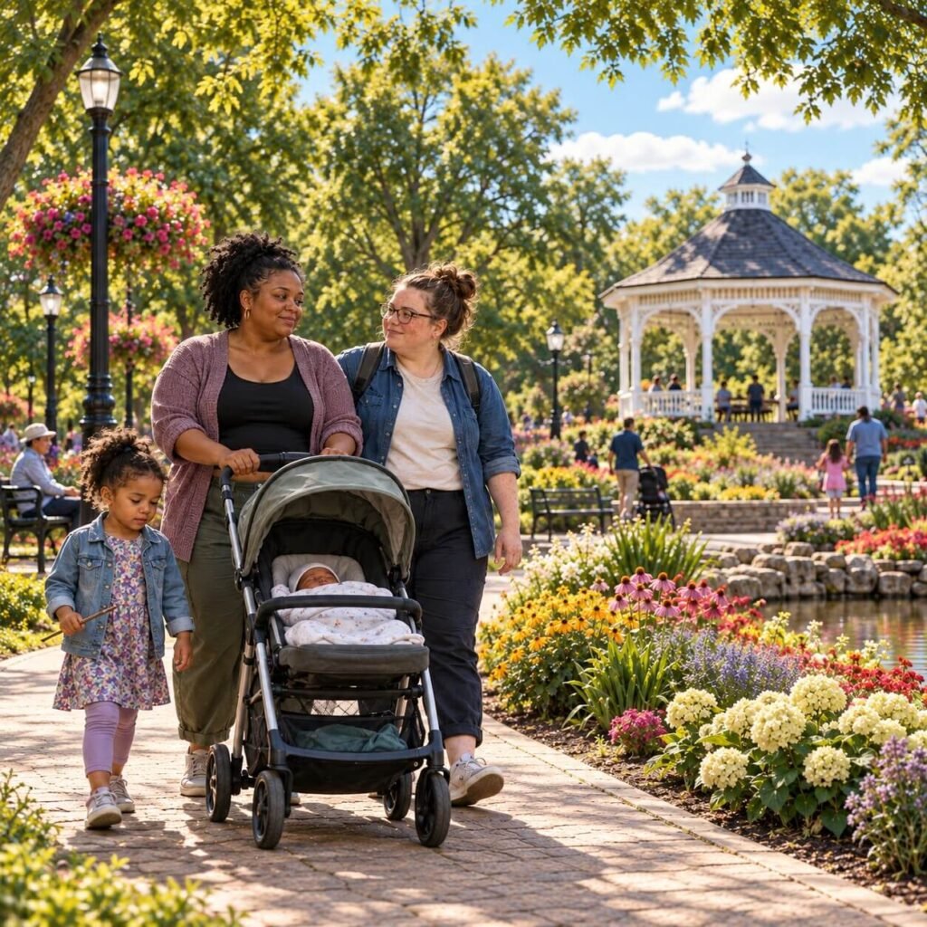 Family walking with their newborn through the flower gardens at Gage Park in Brampton.