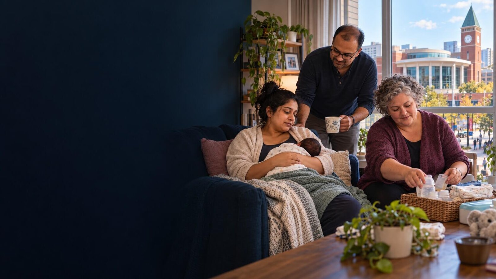 Postpartum support professional helping a family in a downtown Brampton home near City Hall.